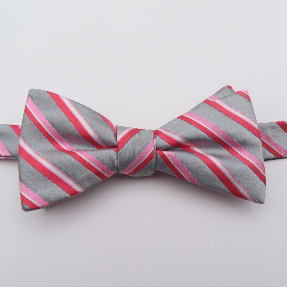 J Ferrar Bow Tie Pink Gray Striped 2.25" Wide Pre Tied Polyester Formal Wedding - Picture 1 of 4